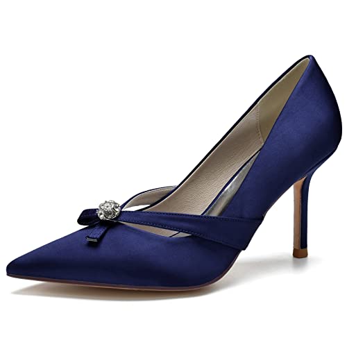DANOBAB Damen Braut Hochzeitsschuhe Geschlossene Zehe Spitze Strass Slip on High Heels,Dark Blue,38 von DANOBAB