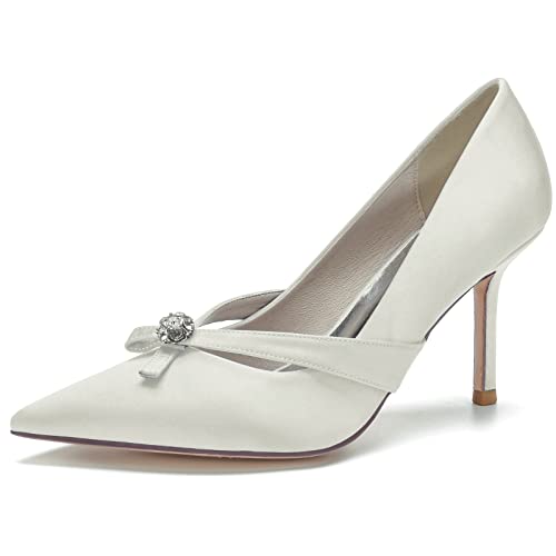 DANOBAB Damen Braut Hochzeitsschuhe Geschlossene Zehe Spitze Strass Slip on High Heels,Elfenbein,37 von DANOBAB