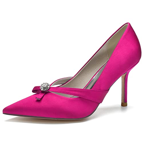 DANOBAB Damen Braut Hochzeitsschuhe Geschlossene Zehe Spitze Strass Slip on High Heels,Rose red,36 von DANOBAB