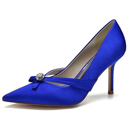 DANOBAB Damen Braut Hochzeitsschuhe Geschlossene Zehe Spitze Strass Slip on High Heels,Royal Blue,38 von DANOBAB
