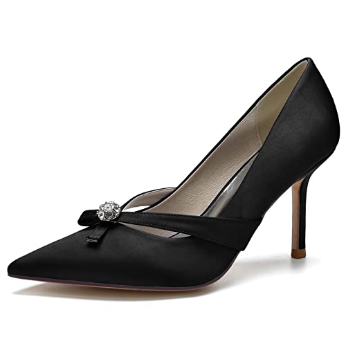 DANOBAB Damen Braut Hochzeitsschuhe Geschlossene Zehe Spitze Strass Slip on High Heels,Schwarz,36 von DANOBAB