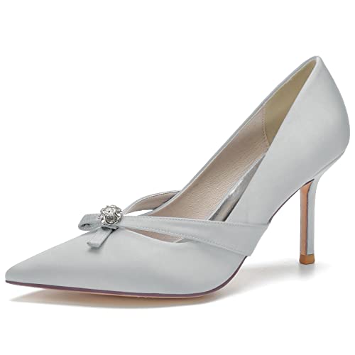 DANOBAB Damen Braut Hochzeitsschuhe Geschlossene Zehe Spitze Strass Slip on High Heels,Silber,41 von DANOBAB