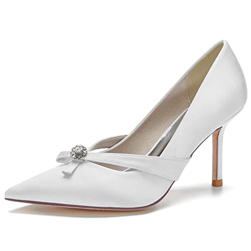 DANOBAB Damen Braut Hochzeitsschuhe Geschlossene Zehe Spitze Strass Slip on High Heels,Weiß,39 von DANOBAB