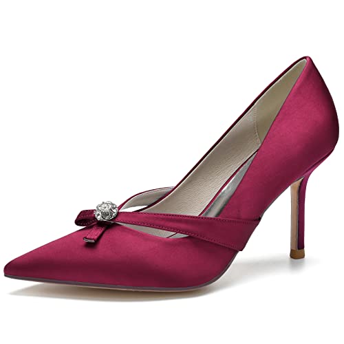 DANOBAB Damen Braut Hochzeitsschuhe Geschlossene Zehe Spitze Strass Slip on High Heels,Wine red,37 von DANOBAB