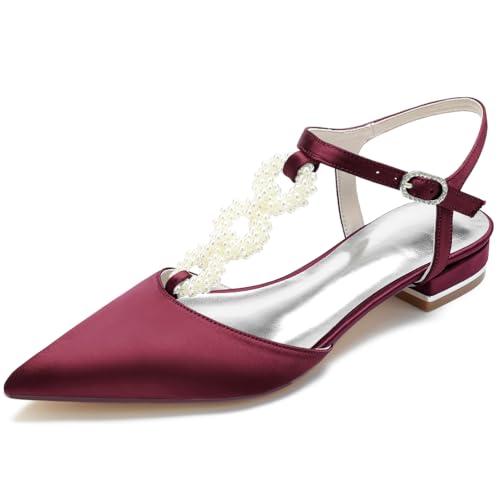 DANOBAB Damen Brautschuhe mit Niedrigem Blockabsatz, Sandalen mit Schnalle, Spitze und Perlenverzierung, Komfortable Hochzeitsschuhe für Braut,Burgundy,38 von DANOBAB