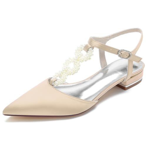 DANOBAB Damen Brautschuhe mit Niedrigem Blockabsatz, Sandalen mit Schnalle, Spitze und Perlenverzierung, Komfortable Hochzeitsschuhe für Braut,Champagne,42 von DANOBAB
