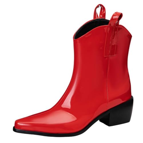 DANOBAB Damen Chelsea Stiefel mit Spitzzehe und PU-Blockabsatz, High Heel Ankle Boots für Tägliche/Tanz-Party Veranstaltungen,Rot,46 von DANOBAB