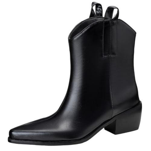 DANOBAB Damen Chelsea Stiefel mit Spitzzehe und PU-Blockabsatz, High Heel Ankle Boots für Tägliche/Tanz-Party Veranstaltungen,Schwarz,41 von DANOBAB
