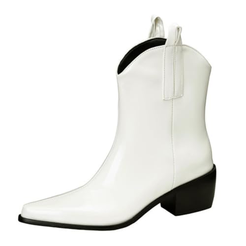 DANOBAB Damen Chelsea Stiefel mit Spitzzehe und PU-Blockabsatz, High Heel Ankle Boots für Tägliche/Tanz-Party Veranstaltungen,Weiß,43 von DANOBAB