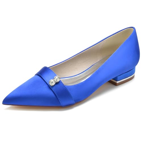 DANOBAB Damen Flache Schuhe Brautschuhe Satin Strass Slip on Kreuz Pumps Spitze Spitze Hochzeit Party Hofschuhe,Blau,40 von DANOBAB