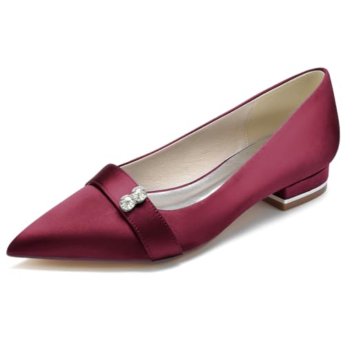 DANOBAB Damen Flache Schuhe Brautschuhe Satin Strass Slip on Kreuz Pumps Spitze Spitze Hochzeit Party Hofschuhe,Burgundy,43 von DANOBAB