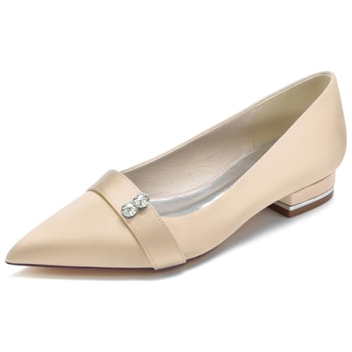 DANOBAB Damen Flache Schuhe Brautschuhe Satin Strass Slip on Kreuz Pumps Spitze Spitze Hochzeit Party Hofschuhe,Champagne,42 von DANOBAB