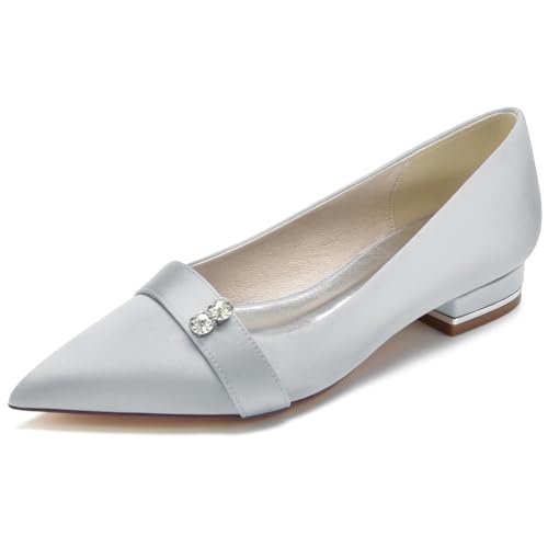 DANOBAB Damen Flache Schuhe Brautschuhe Satin Strass Slip on Kreuz Pumps Spitze Spitze Hochzeit Party Hofschuhe,Silber,39 von DANOBAB