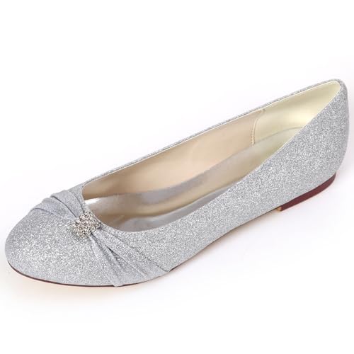 DANOBAB Damen Flache Schuhe für Frauen Casual Dress Schuhe Elegant Flats Bequem Hochzeits Schuhe Brautschuhe Abend Flache Pumps mit Strass,Silber,43 von DANOBAB