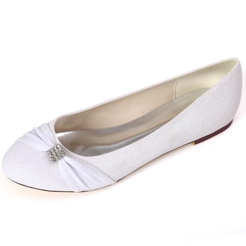 DANOBAB Damen Flache Schuhe für Frauen Casual Dress Schuhe Elegant Flats Bequem Hochzeits Schuhe Brautschuhe Abend Flache Pumps mit Strass,Weiß,42 von DANOBAB