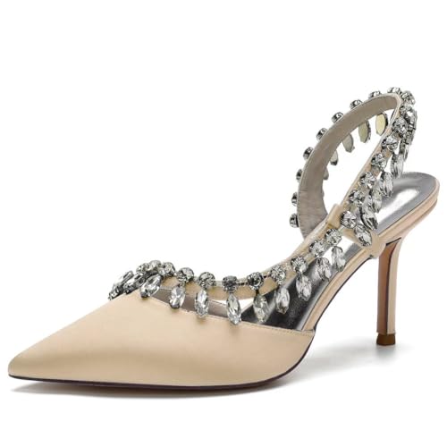 DANOBAB Damen High Heel Geschlossene Zehe Pumps Strass Spitze Zehe 3,34 Zoll Heels Schuhe Slip on Büro Kleid Pumps,Champagne,42 von DANOBAB
