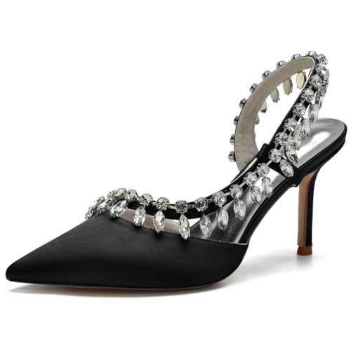 DANOBAB Damen High Heel Geschlossene Zehe Pumps Strass Spitze Zehe 3,34 Zoll Heels Schuhe Slip on Büro Kleid Pumps,Schwarz,40 von DANOBAB