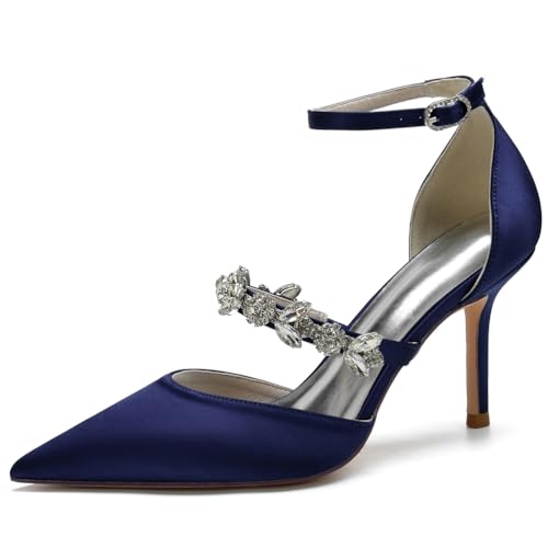 DANOBAB Damen High Heel Kitten Heels 3.35 Zoll Spitze Geschlossene Zehe Stiletto Pumps Elastische Schnalle Strass Hochzeit Party Kleid Sandalen Schuhe,Dark Blue,39 von DANOBAB