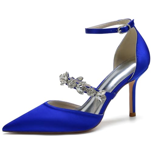 DANOBAB Damen High Heel Kitten Heels 3.35 Zoll Spitze Geschlossene Zehe Stiletto Pumps Elastische Schnalle Strass Hochzeit Party Kleid Sandalen Schuhe,Royal Blue,43 von DANOBAB