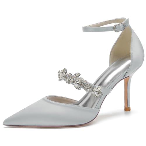 DANOBAB Damen High Heel Kitten Heels 3.35 Zoll Spitze Geschlossene Zehe Stiletto Pumps Elastische Schnalle Strass Hochzeit Party Kleid Sandalen Schuhe,Silber,43 von DANOBAB
