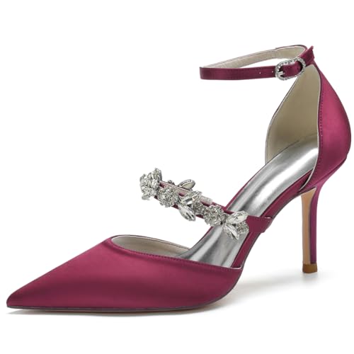 DANOBAB Damen High Heel Kitten Heels 3.35 Zoll Spitze Geschlossene Zehe Stiletto Pumps Elastische Schnalle Strass Hochzeit Party Kleid Sandalen Schuhe,Wine red,37 von DANOBAB