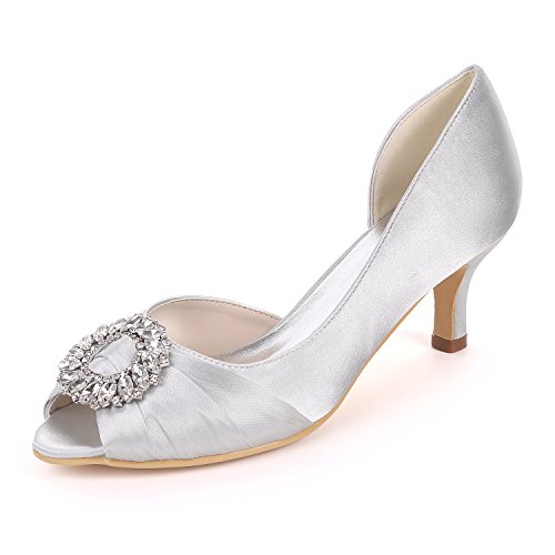 DANOBAB Damen High Heel Pumps mit Strasssteinen Slip-On Satin Mid Kitten Heel, Peep Toe Sandalen, ideal für Hochzeit, Braut und Kleid,Silber,42 von DANOBAB