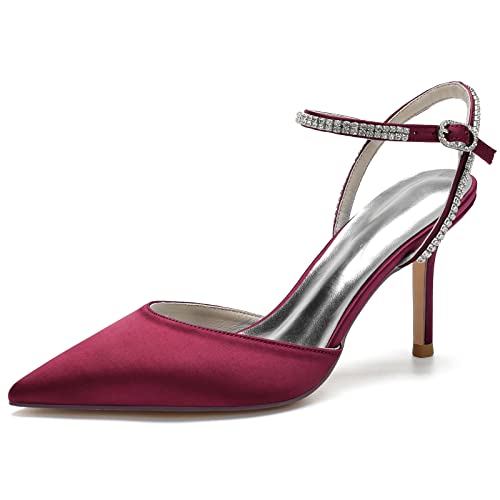 DANOBAB Damen High Heel Sandalen mit Knöchelriemen & Schnalle, mit Strass verziert, ideal für Hochzeiten, Partys, Abschlussbälle (Proms),Wine red,42 von DANOBAB