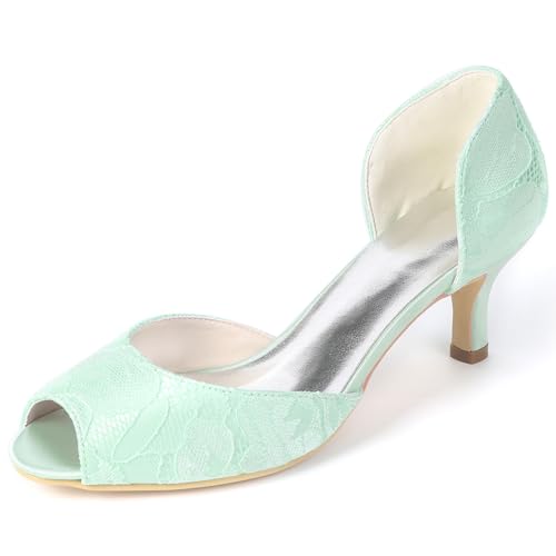 DANOBAB Damen High Heels - Satin Low Heels, Open Toe Kitten Heels - ideal für Hochzeiten, Partys - Elegante Damenfestschuhe,Mint Green,38 von DANOBAB