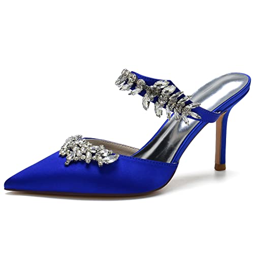 DANOBAB Damen High Heels Sexy Sandalen mit Strasssteinen, Spitzzehe 8,5 cm (3,34 Zoll) Geschlossene Zehen Stiletto, Modische Abendsandalen,Royal blue,39 von DANOBAB