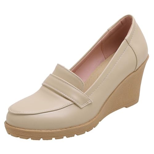 DANOBAB Damen High Heels mit Rundkappe, Keilabsatz, Plateausohle, Geschlossener Zehenbereich, Partyschuhe für Damen in Großen Größen,Apricot,39 von DANOBAB