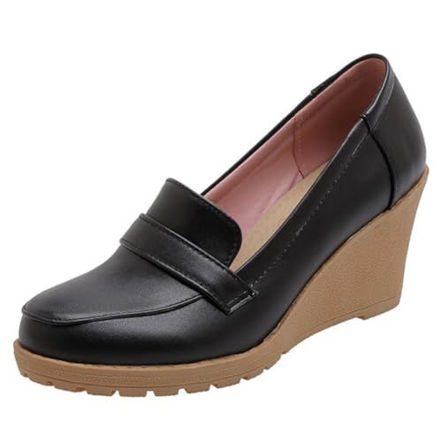 DANOBAB Damen High Heels mit Rundkappe, Keilabsatz, Plateausohle, Geschlossener Zehenbereich, Partyschuhe für Damen in Großen Größen,Schwarz,38 von DANOBAB
