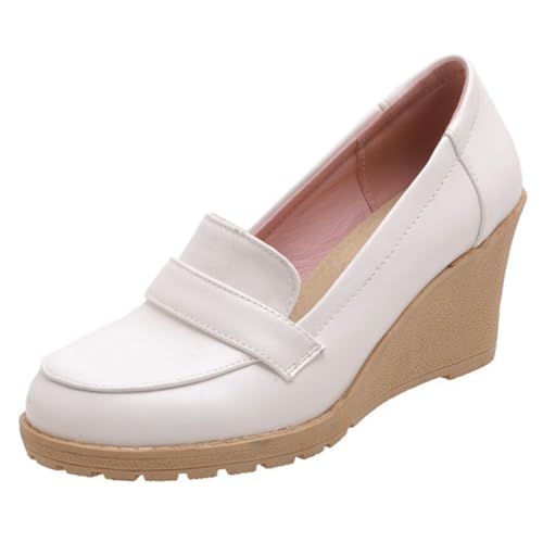 DANOBAB Damen High Heels mit Rundkappe, Keilabsatz, Plateausohle, Geschlossener Zehenbereich, Partyschuhe für Damen in Großen Größen,Weiß,38 von DANOBAB
