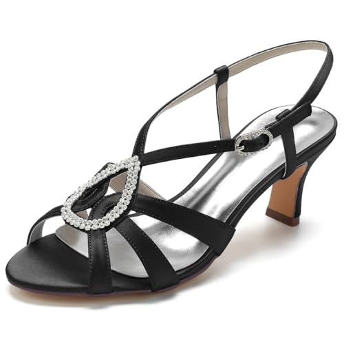 DANOBAB Damen High Heels mit Strass Sandalen, verstellbarer Knöchelriemen, 6,5 cm Absatz Glitzernde Braut-, Hochzeits Party Abschlussball-Heels,Schwarz,40 von DANOBAB