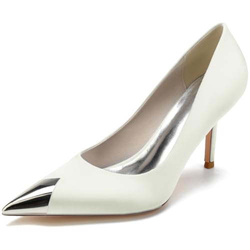DANOBAB Damen Hochhackige Brautschuhe für Hochzeit - Spitze Zehenspitze, 8,5 cm Kitten-Absätze, Satin Brautpumps, Slip-on-Sandalen,Elfenbein,40 von DANOBAB