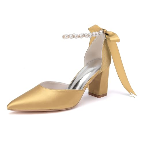 DANOBAB Damen Hochzeits-Sandalen mit Spitzer Zehenkappe, Perlenschmuck, Satinen und Stabilem Blockabsatz,Gold,42 DANOBAB Damen Hochzeits-Sandalen mit Spitzer Zehenkappe, Perlenschmuck, Satinen und Stabilem Blockabsatz,Gold,42 von DANOBAB