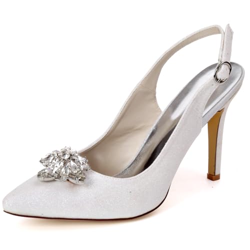 DANOBAB Damen Hochzeits-Schuhe mit verschlossener Zehe für die Braut Hochabsatz-Sandalen mit Brautschuhe funkelnd Spitze Zehe Kleiderschuhe Pump,Weiß,40 von DANOBAB