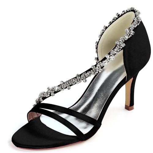 DANOBAB Damen Hochzeitschuhe mit Strass Niederhacken Kitten Heels, Slip-On Runde Spitze Pumps Hochhackige Sandalen für Abschlussball und Abendkleidung,Schwarz,40 von DANOBAB