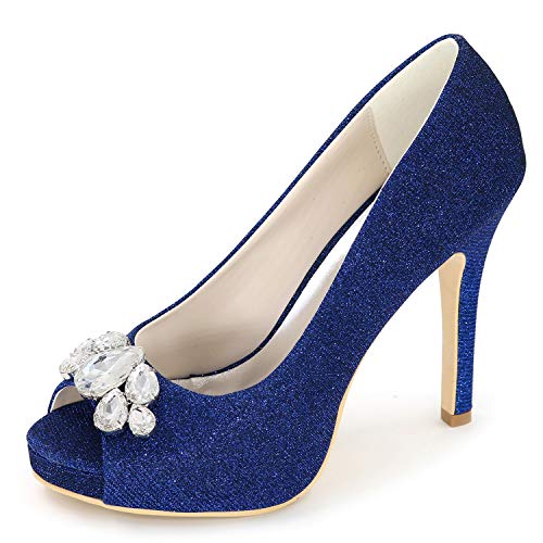 DANOBAB Damen Hochzeitschuhe mit niedrigem Absatz, Abendkleid Peeptoe Brautplattform PU Funkelnde hohe Absätze/Blockabsatz,Blau,39 von DANOBAB