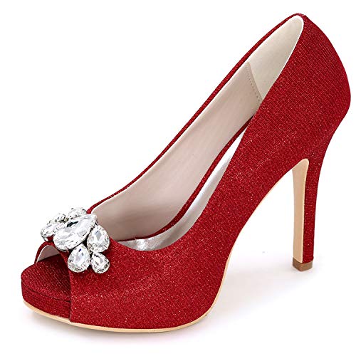 DANOBAB Damen Hochzeitschuhe mit niedrigem Absatz, Abendkleid Peeptoe Brautplattform PU Funkelnde hohe Absätze/Blockabsatz,Rot,42 von DANOBAB