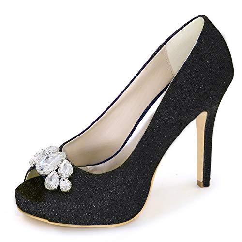 DANOBAB Damen Hochzeitschuhe mit niedrigem Absatz, Abendkleid Peeptoe Brautplattform PU Funkelnde hohe Absätze/Blockabsatz,Schwarz,37 von DANOBAB