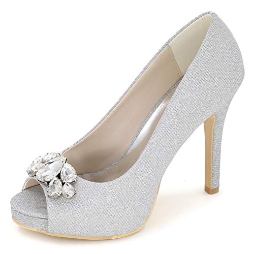 DANOBAB Damen Hochzeitschuhe mit niedrigem Absatz, Abendkleid Peeptoe Brautplattform PU Funkelnde hohe Absätze/Blockabsatz,Silber,40 von DANOBAB