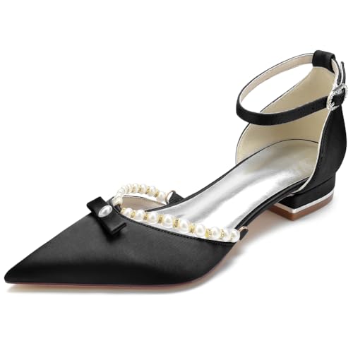 DANOBAB Damen Hochzeitssandalen für den Sommer Sandalen mit Niedrigem Absatz, Pumps mit Absatz, Riemchen-Sandalen mit Perlenverzierung,Schwarz,37 von DANOBAB