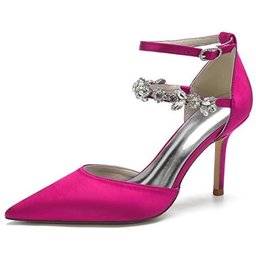 DANOBAB Damen Hochzeitssandalen mit Strass-Verzierung & Knöchelriemen - Elegante Pumps mit Hochhacken und Schnalle, Ideal für Formelle Abende,Rose red,37 von DANOBAB