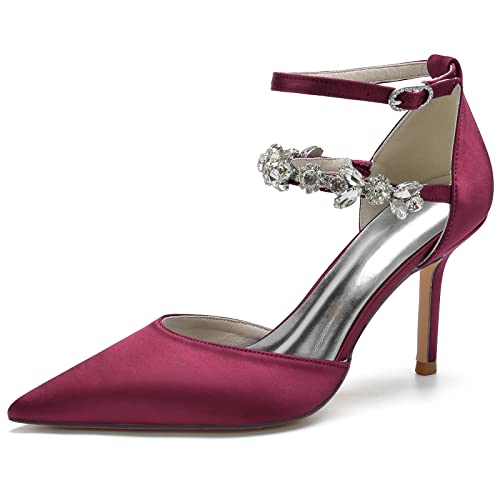 DANOBAB Damen Hochzeitssandalen mit Strass-Verzierung & Knöchelriemen - Elegante Pumps mit Hochhacken und Schnalle, Ideal für Formelle Abende,Wine red,39 von DANOBAB