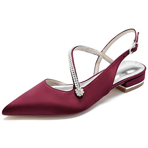 DANOBAB Damen Hochzeitsschuhe Elegante Flache Brautschuhe aus Ivory-Satin mit Strass und Spitzen-Knöchelriemen-Schnalle, Spitzzehen, Perfekt für Hochzeits,Burgundy,37 von DANOBAB