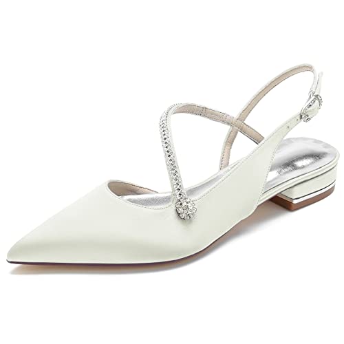 DANOBAB Damen Hochzeitsschuhe Elegante Flache Brautschuhe aus Ivory-Satin mit Strass und Spitzen-Knöchelriemen-Schnalle, Spitzzehen, Perfekt für Hochzeits,Elfenbein,42 von DANOBAB
