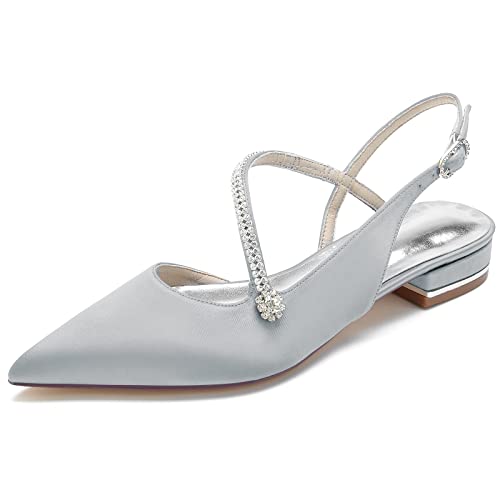 DANOBAB Damen Hochzeitsschuhe Elegante Flache Brautschuhe aus Ivory-Satin mit Strass und Spitzen-Knöchelriemen-Schnalle, Spitzzehen, Perfekt für Hochzeits,Silber,40 von DANOBAB