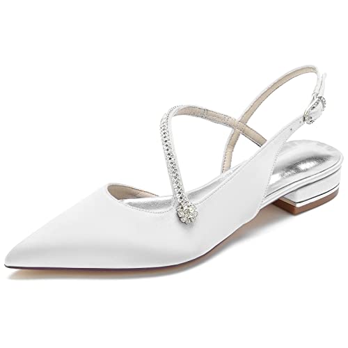 DANOBAB Damen Hochzeitsschuhe Elegante Flache Brautschuhe aus Ivory-Satin mit Strass und Spitzen-Knöchelriemen-Schnalle, Spitzzehen, Perfekt für Hochzeits,Weiß,41 von DANOBAB