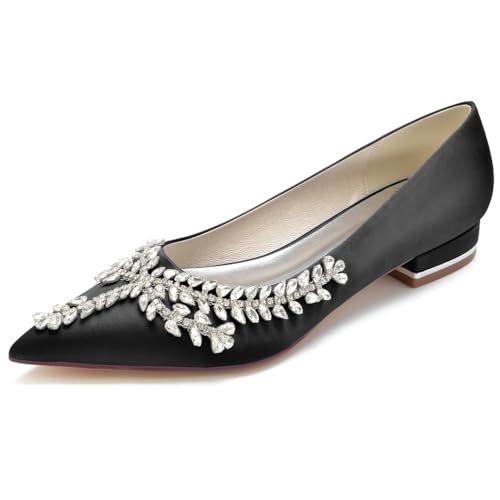 DANOBAB Damen Hochzeitsschuhe Pumps mit Spitzer Zehe, Strass Verzierung, 0,98 Zoll niedriger Absatz, Slip On Design, Brautschuhe,Schwarz,38 von DANOBAB