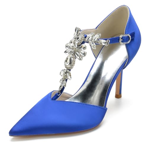 DANOBAB Damen Hochzeitsschuhe Spitze Schnalle Knöchelriemen Platzschuhe Strass Klassische geschlossene Spitze High Heel Pumps Party Office,Blau,43 von DANOBAB